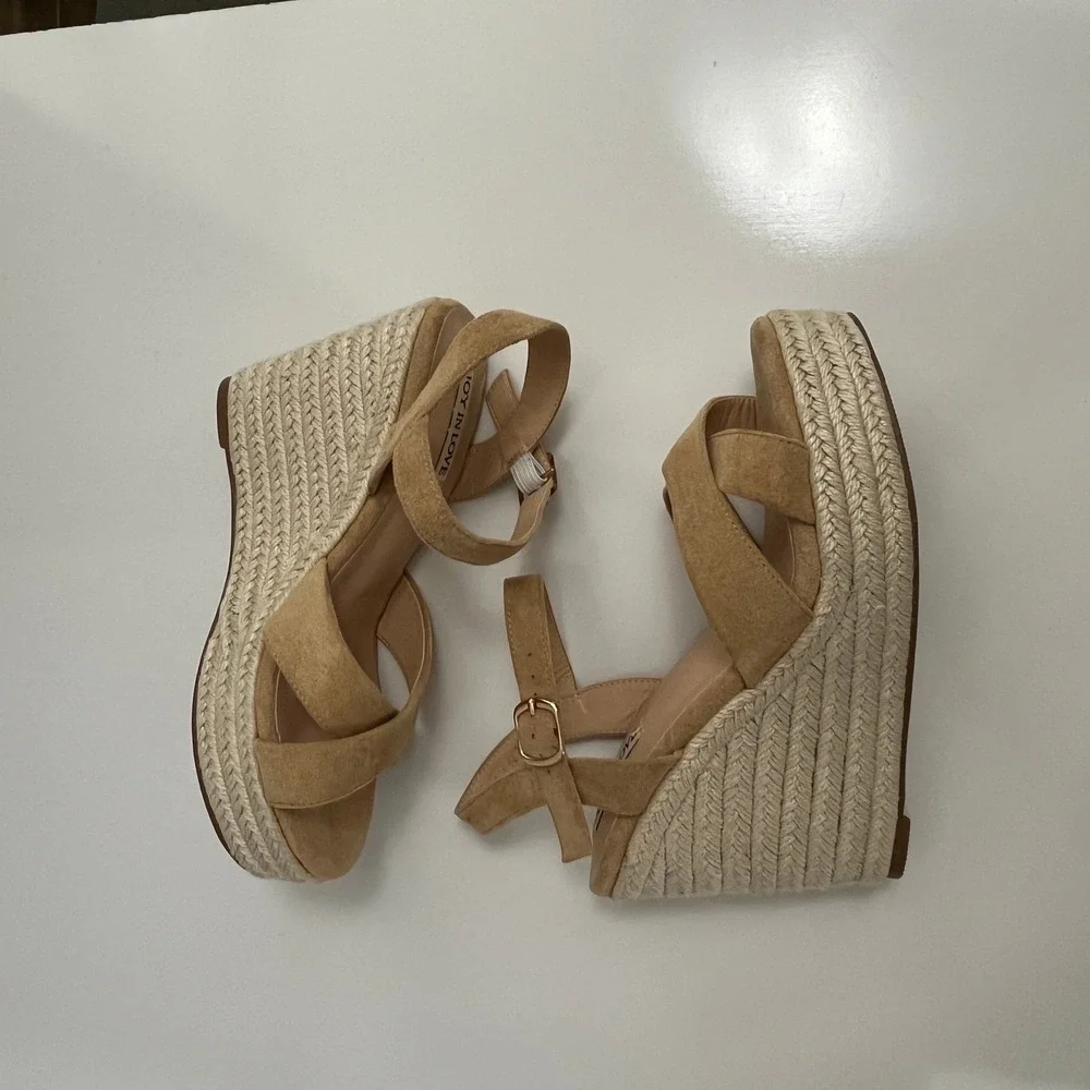 JOY IN LOVE Espadrille Wedge Sandals Women 7 Tan Solid Platform Summer Boho Heel